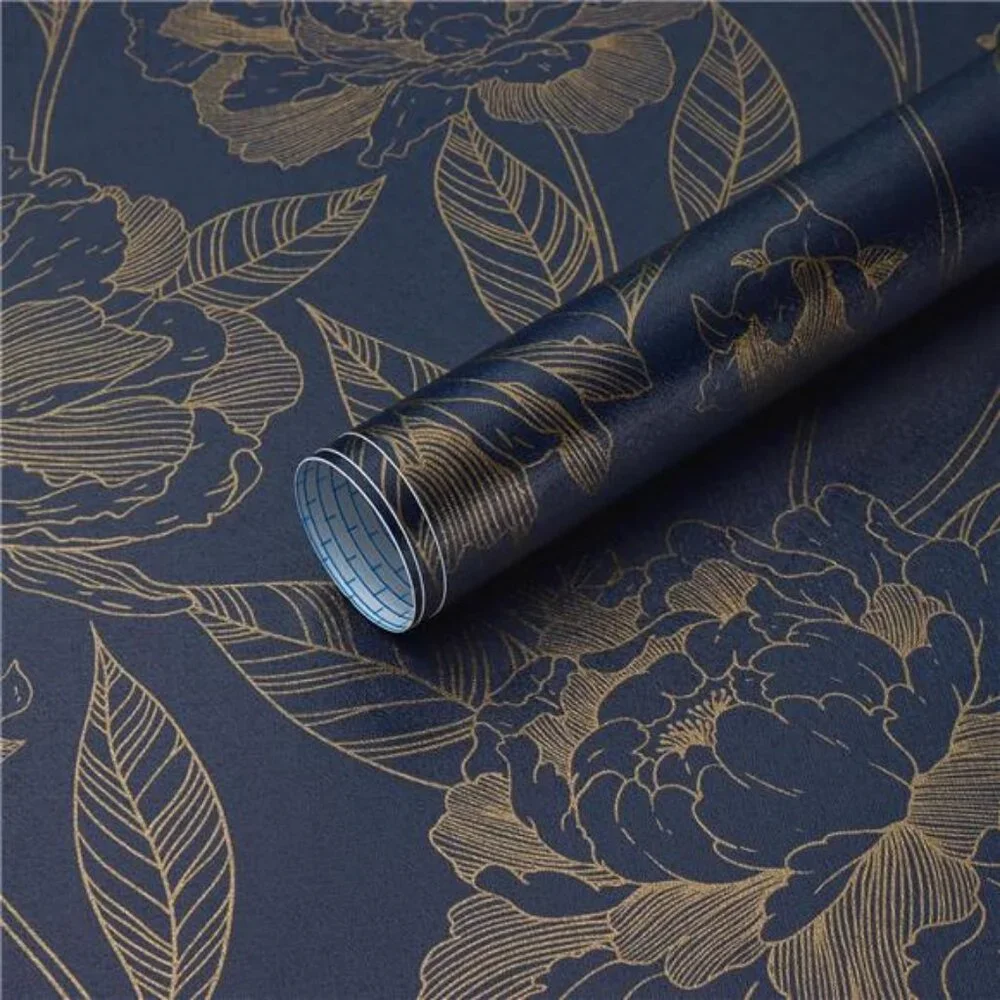 Vinjiasin Peel and Stick Wallpaper Blue and Gold Floral Contact Paper Modern